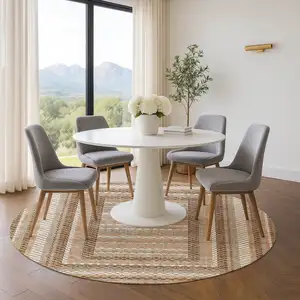 Photo of 8' Chocolate Ivory And Beige Geometric Washable Round Rug With UV Protection