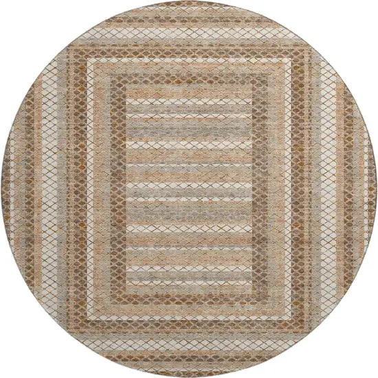 8' Chocolate Ivory And Beige Geometric Washable Round Rug With UV Protection Photo 1