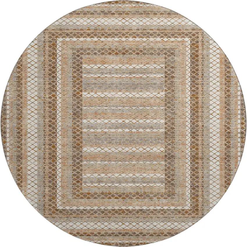 8' Chocolate Ivory And Beige Geometric Washable Round Rug With UV Protection Photo 1