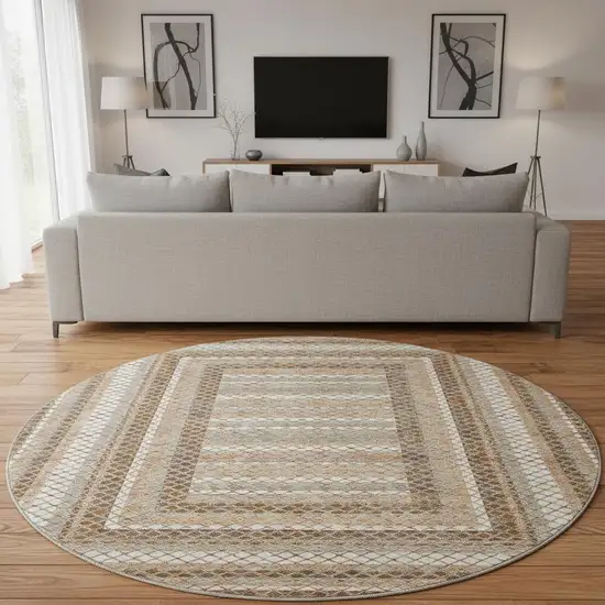 8' Chocolate Ivory And Beige Geometric Washable Round Rug With UV Protection Photo 2