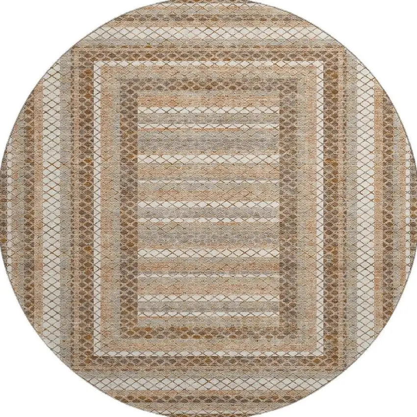 8' Chocolate Ivory And Beige Geometric Washable Round Rug With UV Protection Photo 4