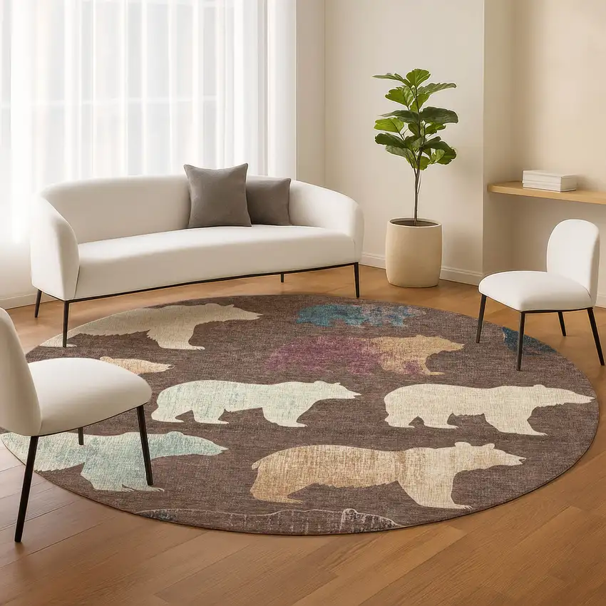 8' Chocolate Ivory And Blue Round Animal Print Washable Indoor Outdoor Area Rug Photo 9