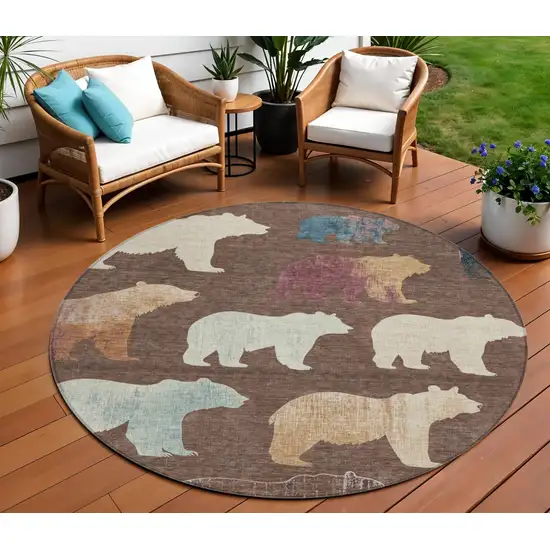 8' Chocolate Ivory And Blue Round Animal Print Washable Indoor Outdoor Area Rug Photo 1