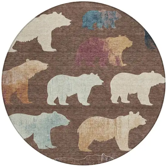 8' Chocolate Ivory And Blue Round Animal Print Washable Indoor Outdoor Area Rug Photo 4