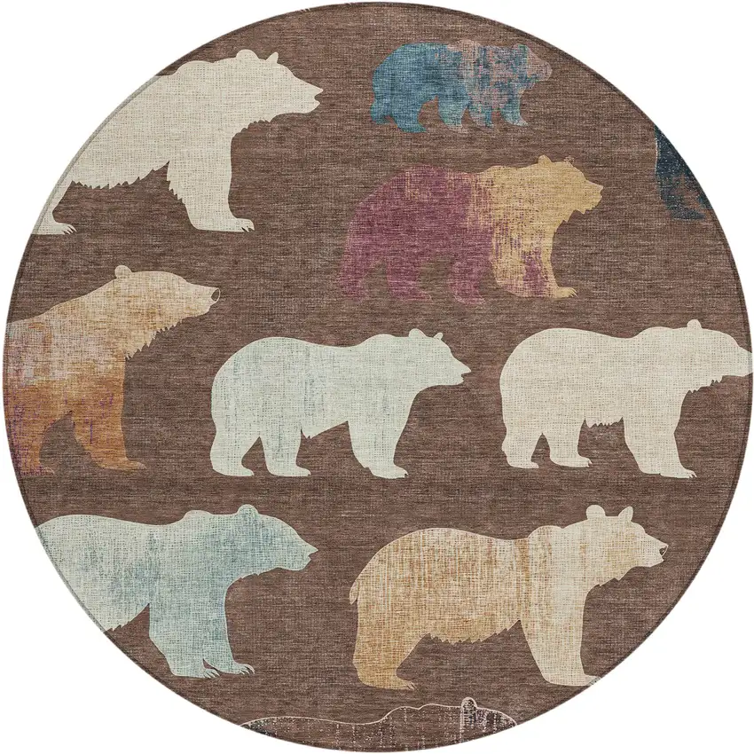 8' Chocolate Ivory And Blue Round Animal Print Washable Indoor Outdoor Area Rug Photo 2
