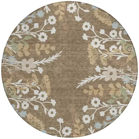 8' Chocolate Ivory And Blue Round Floral Washable Indoor Outdoor Area Rug Photo 4