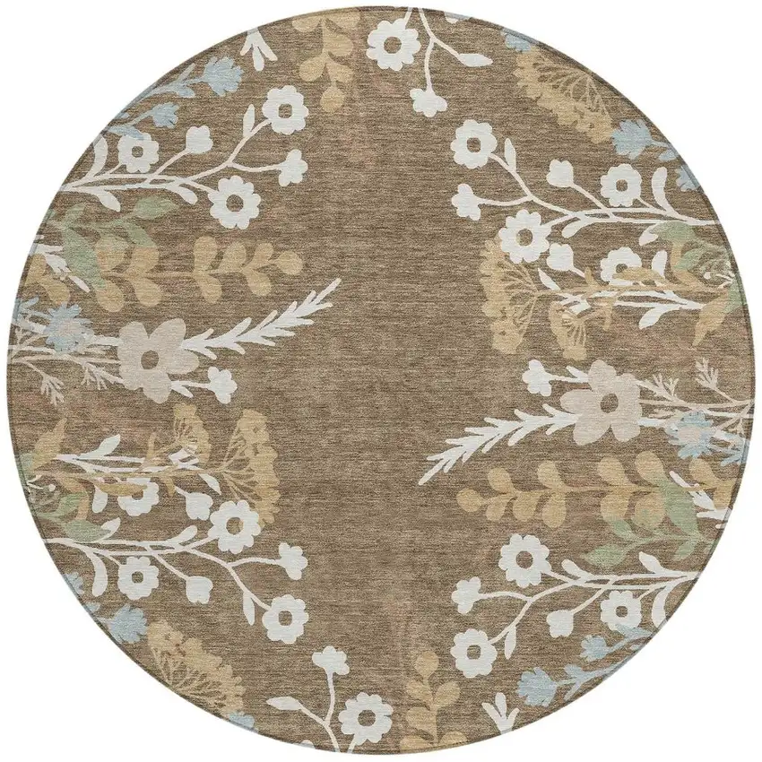 8' Chocolate Ivory And Blue Round Floral Washable Indoor Outdoor Area Rug Photo 4