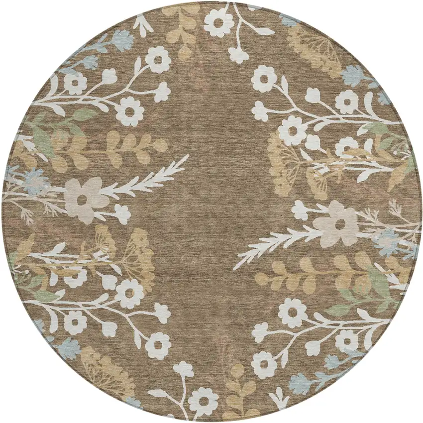 8' Chocolate Ivory And Blue Round Floral Washable Indoor Outdoor Area Rug Photo 2