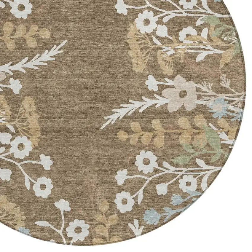 8' Chocolate Ivory And Blue Round Floral Washable Indoor Outdoor Area Rug Photo 7