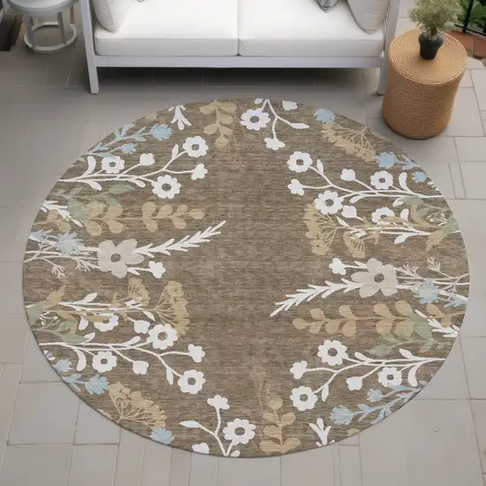 8' Chocolate Ivory And Blue Round Floral Washable Indoor Outdoor Area Rug Photo 8
