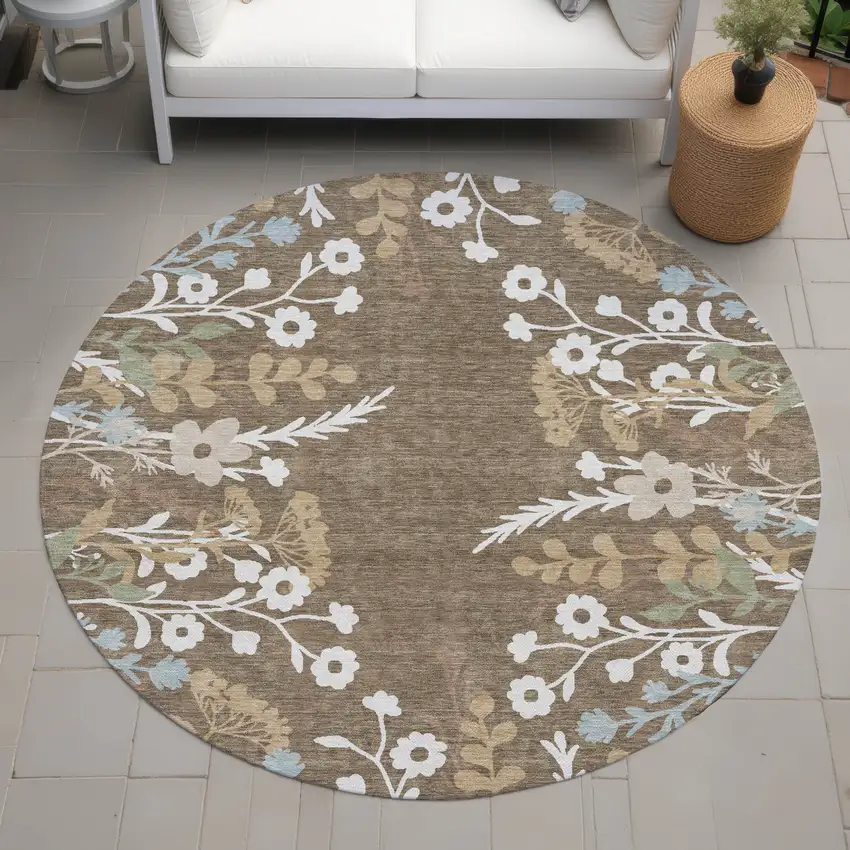 8' Chocolate Ivory And Blue Round Floral Washable Indoor Outdoor Area Rug Photo 8