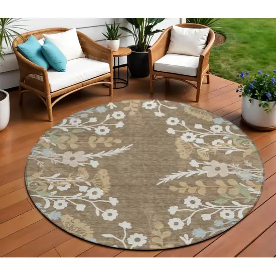 8' Chocolate Ivory And Blue Round Floral Washable Indoor Outdoor Area Rug Photo 1