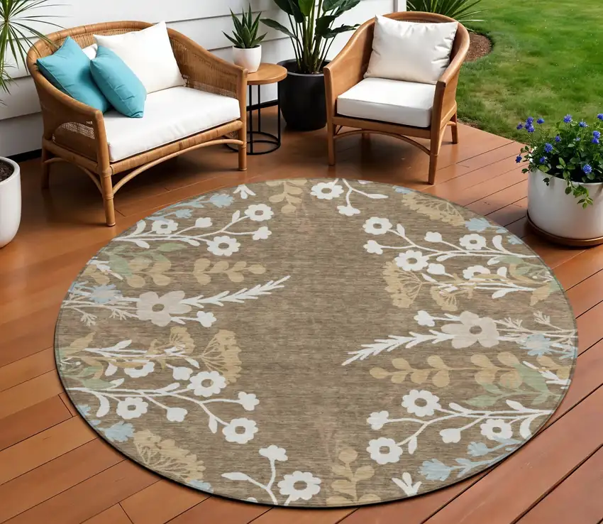 8' Chocolate Ivory And Blue Round Floral Washable Indoor Outdoor Area Rug Photo 1