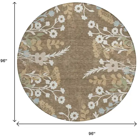8' Chocolate Ivory And Blue Round Floral Washable Indoor Outdoor Area Rug Photo 3