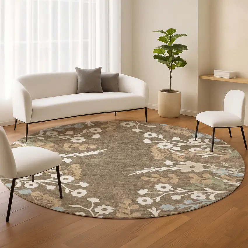 8' Chocolate Ivory And Blue Round Floral Washable Indoor Outdoor Area Rug Photo 9