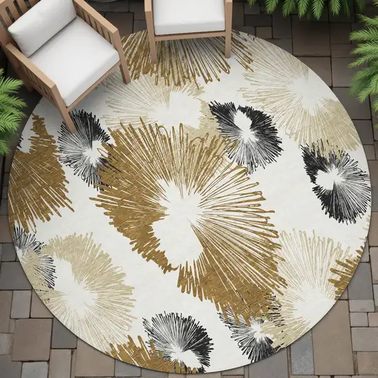 8' Chocolate Ivory And Charcoal Round Floral Washable Indoor Outdoor Area Rug Photo 6