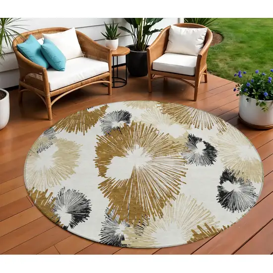 8' Chocolate Ivory And Charcoal Round Floral Washable Indoor Outdoor Area Rug Photo 2