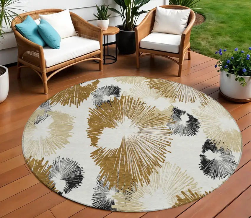 8' Chocolate Ivory And Charcoal Round Floral Washable Indoor Outdoor Area Rug Photo 2