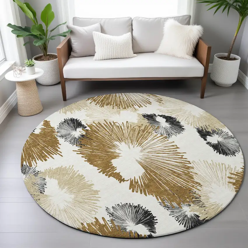 8' Chocolate Ivory And Charcoal Round Floral Washable Indoor Outdoor Area Rug Photo 8