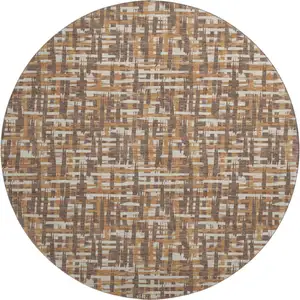 Photo of 8' Chocolate Ivory And Copper Abstract Geometric Washable Round Rug With UV Protection