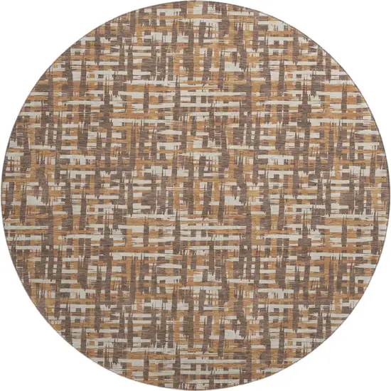 8' Chocolate Ivory And Copper Abstract Geometric Washable Round Rug With UV Protection Photo 1