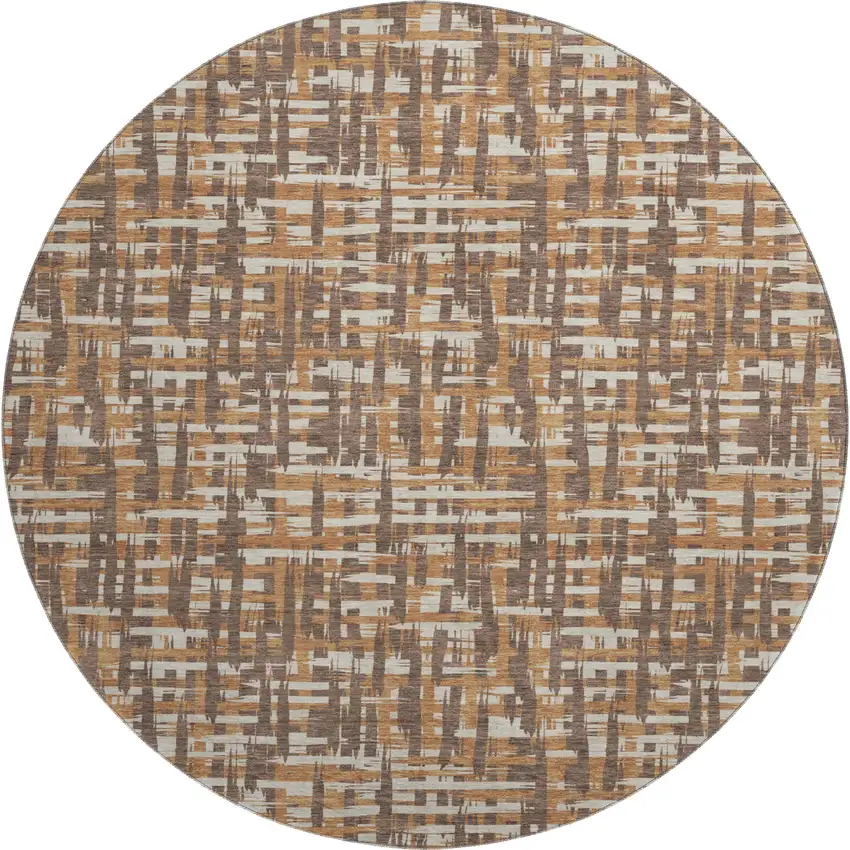8' Chocolate Ivory And Copper Abstract Geometric Washable Round Rug With UV Protection Photo 1