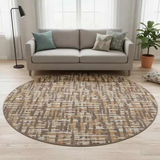 8' Chocolate Ivory And Copper Abstract Geometric Washable Round Rug With UV Protection Photo 2