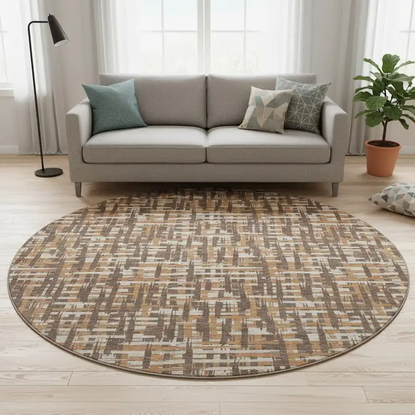 8' Chocolate Ivory And Copper Abstract Geometric Washable Round Rug With UV Protection Photo 2