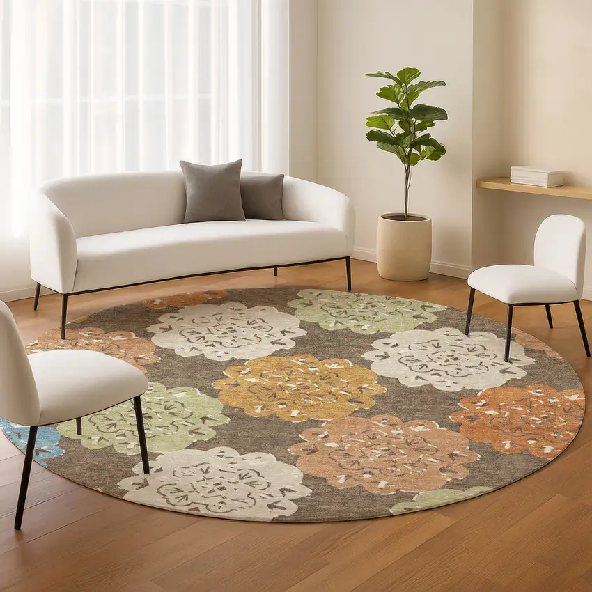 8' Chocolate Ivory And Copper Round Quatrefoil Washable Indoor Outdoor Area Rug Photo 9