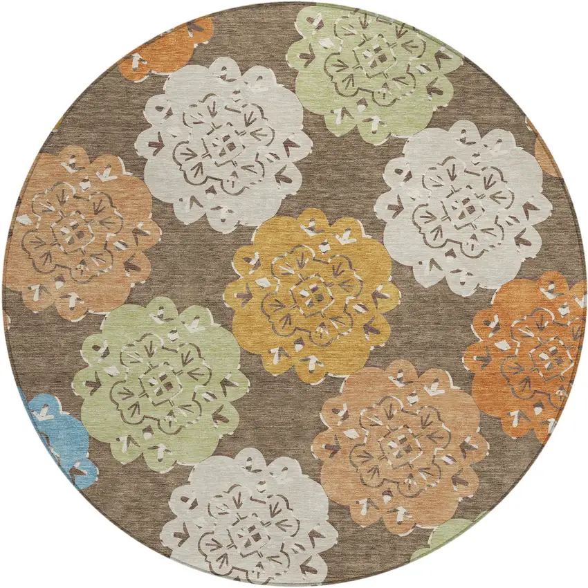 8' Chocolate Ivory And Copper Round Quatrefoil Washable Indoor Outdoor Area Rug Photo 2