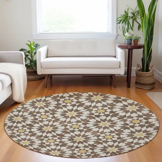 8' Chocolate Ivory And Gold Geometric Washable Round Rug With UV Protection Photo 5