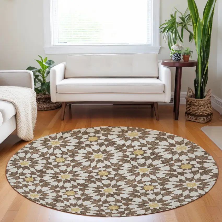 8' Chocolate Ivory And Gold Geometric Washable Round Rug With UV Protection Photo 5