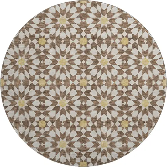 8' Chocolate Ivory And Gold Geometric Washable Round Rug With UV Protection Photo 1