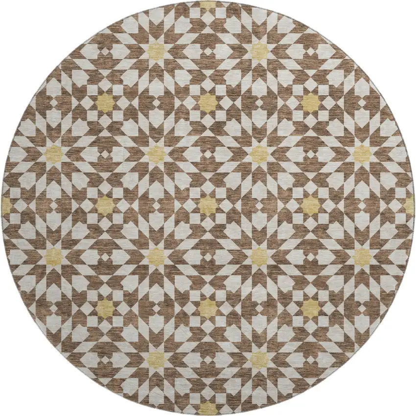 8' Chocolate Ivory And Gold Geometric Washable Round Rug With UV Protection Photo 1
