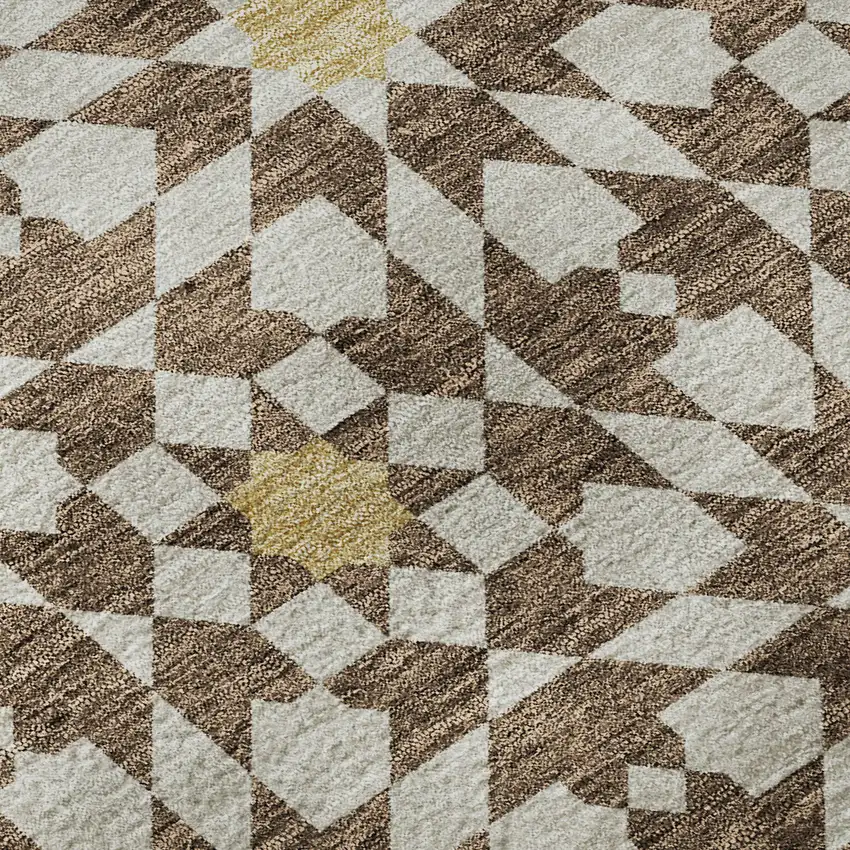 8' Chocolate Ivory And Gold Geometric Washable Round Rug With UV Protection Photo 9