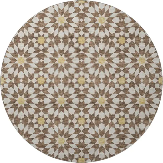 8' Chocolate Ivory And Gold Geometric Washable Round Rug With UV Protection Photo 4
