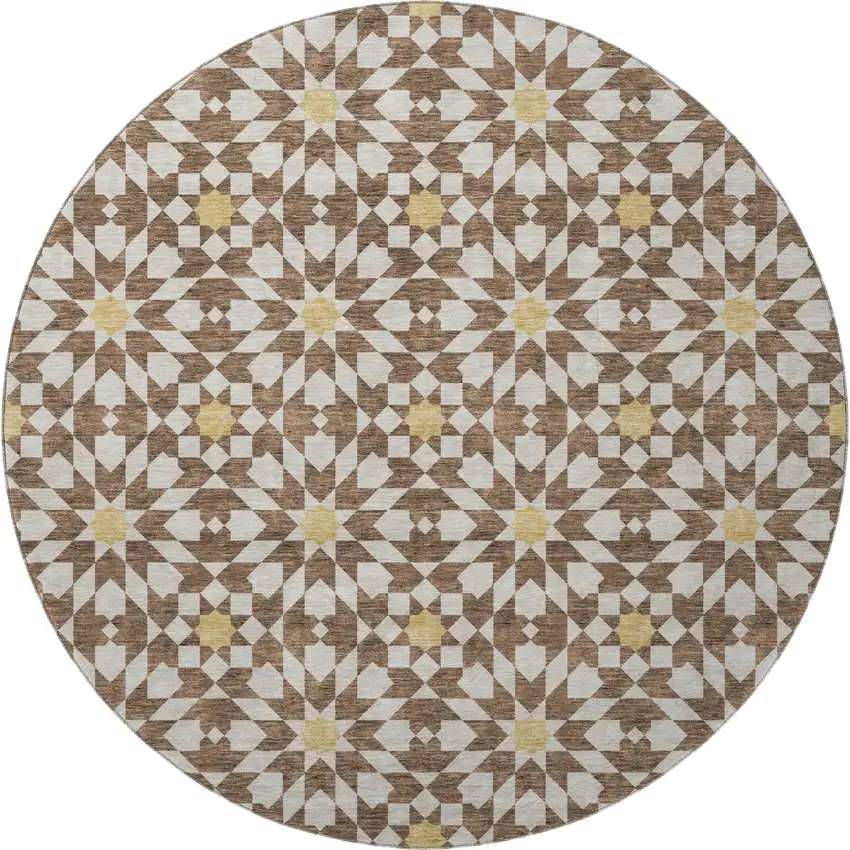 8' Chocolate Ivory And Gold Geometric Washable Round Rug With UV Protection Photo 4