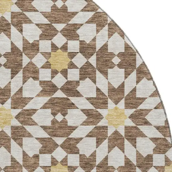 8' Chocolate Ivory And Gold Geometric Washable Round Rug With UV Protection Photo 3