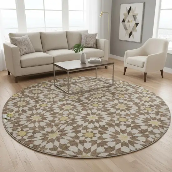 8' Chocolate Ivory And Gold Geometric Washable Round Rug With UV Protection Photo 2
