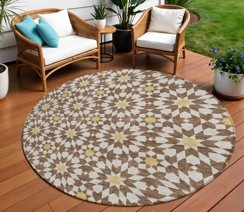 8' Chocolate Ivory And Gold Round Floral Medallion Washable Indoor Outdoor Area Rug Photo 1