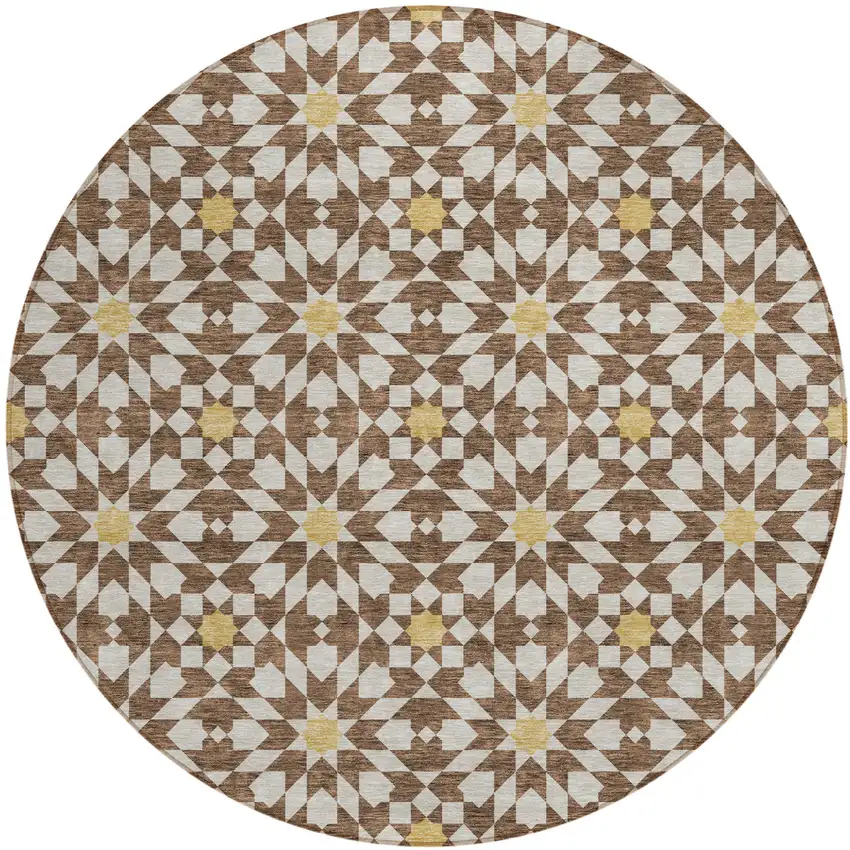 8' Chocolate Ivory And Gold Round Floral Medallion Washable Indoor Outdoor Area Rug Photo 2