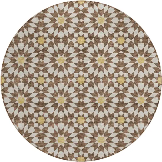 8' Chocolate Ivory And Gold Round Floral Medallion Washable Indoor Outdoor Area Rug Photo 2