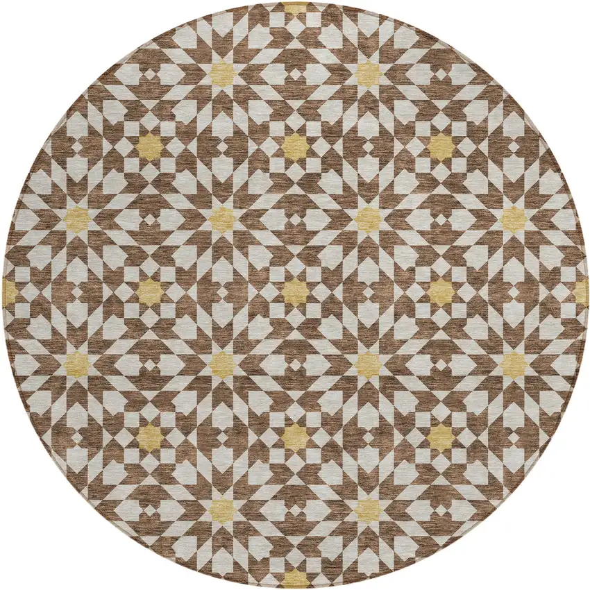 8' Chocolate Ivory And Gold Round Floral Medallion Washable Indoor Outdoor Area Rug Photo 2