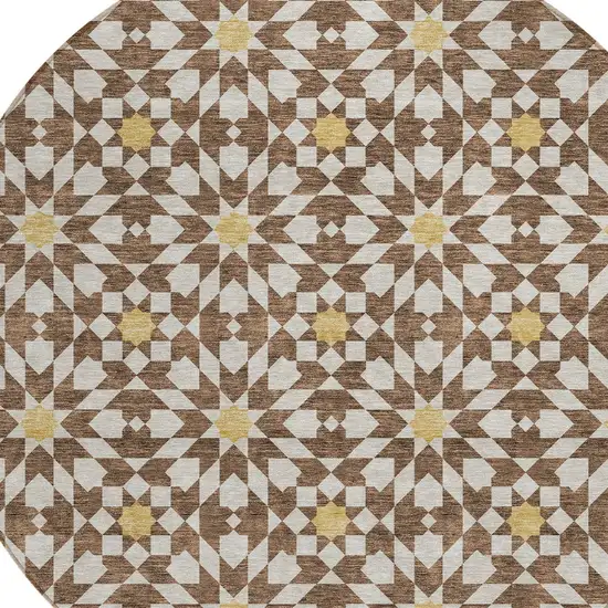 8' Chocolate Ivory And Gold Round Floral Medallion Washable Indoor Outdoor Area Rug Photo 6
