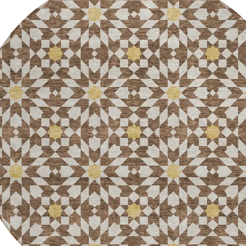 8' Chocolate Ivory And Gold Round Floral Medallion Washable Indoor Outdoor Area Rug Photo 6
