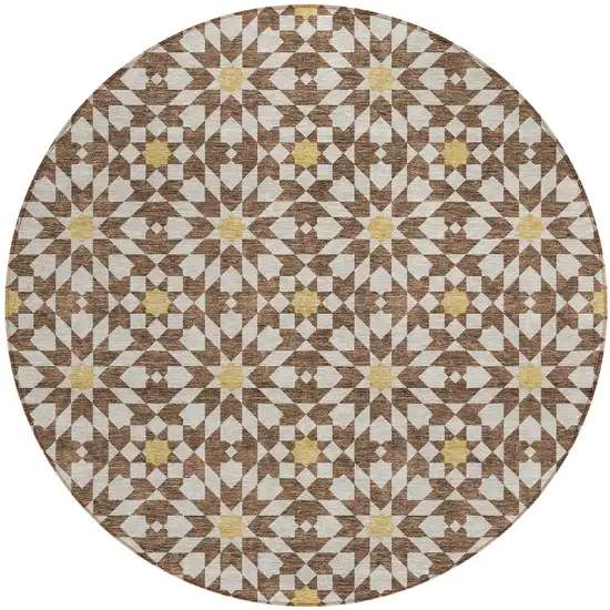 8' Chocolate Ivory And Gold Round Floral Medallion Washable Indoor Outdoor Area Rug Photo 7