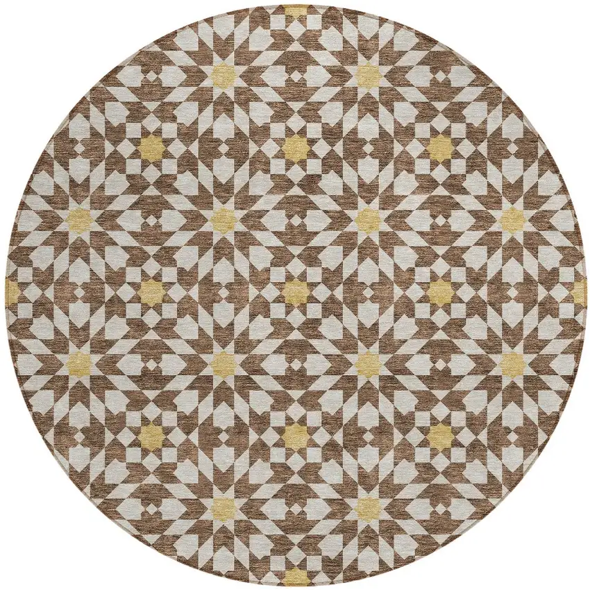 8' Chocolate Ivory And Gold Round Floral Medallion Washable Indoor Outdoor Area Rug Photo 7
