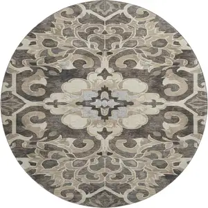 Photo of 8' Chocolate Ivory And Gray Floral Medallion Washable Round Rug With UV Protection