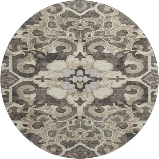 8' Chocolate Ivory And Gray Floral Medallion Washable Round Rug With UV Protection Photo 1