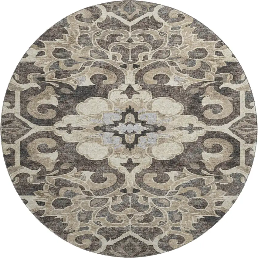 8' Chocolate Ivory And Gray Floral Medallion Washable Round Rug With UV Protection Photo 1